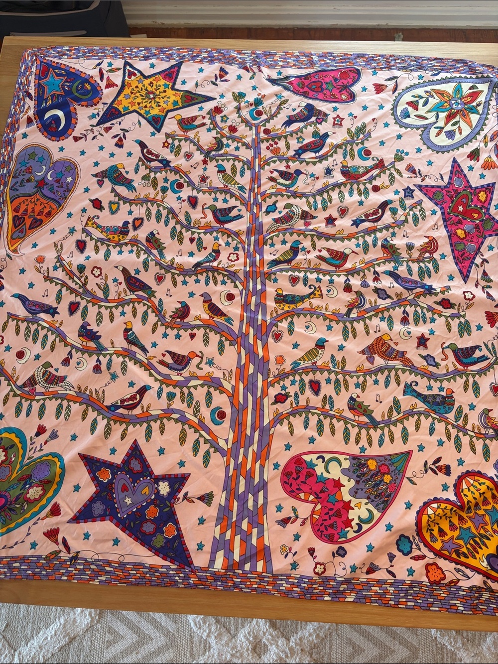 Whimsical Tree of Life Birds Hearts Square Scarf Wrap Boho Festival Cottagecore